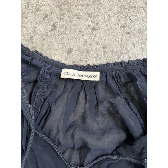 ULLA JOHNSON Silk Floral Embroidered‎ Navy Peasant Top, Tassel Silk Size 4 - Picture 8 of 10